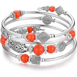 08-Orange Layered Wrap Bangle Bead Bracelet w/ Agate Stone